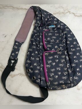 Meru Blue Canvas Sling Bag Cute Bicycle Print  Needs Cleaned See Pics.